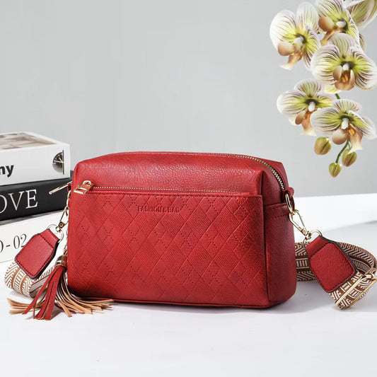 Women Diamond Quilted PU Leather Crossbody Bag, Casual Sling Purse with Wide Striped Shoulder Strap & Tassel Decoration, Multi Pocket Shoulder Handbag, 7 Colors Available for All Seasons