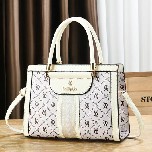 Elegant Retro Monogram Print PU Leather Handbag for Women, Top Handle Satchel with Removable Shoulder Strap, Ideal Gift