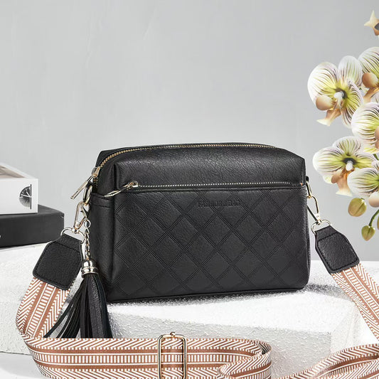 Women Diamond Embossed PU Leather Crossbody Bag, Casual Sling Purse with Wide Striped Shoulder Strap & Tassel Decoration, Multi Pocket Shoulder Handbag, 7 Colors Available for All Seasons