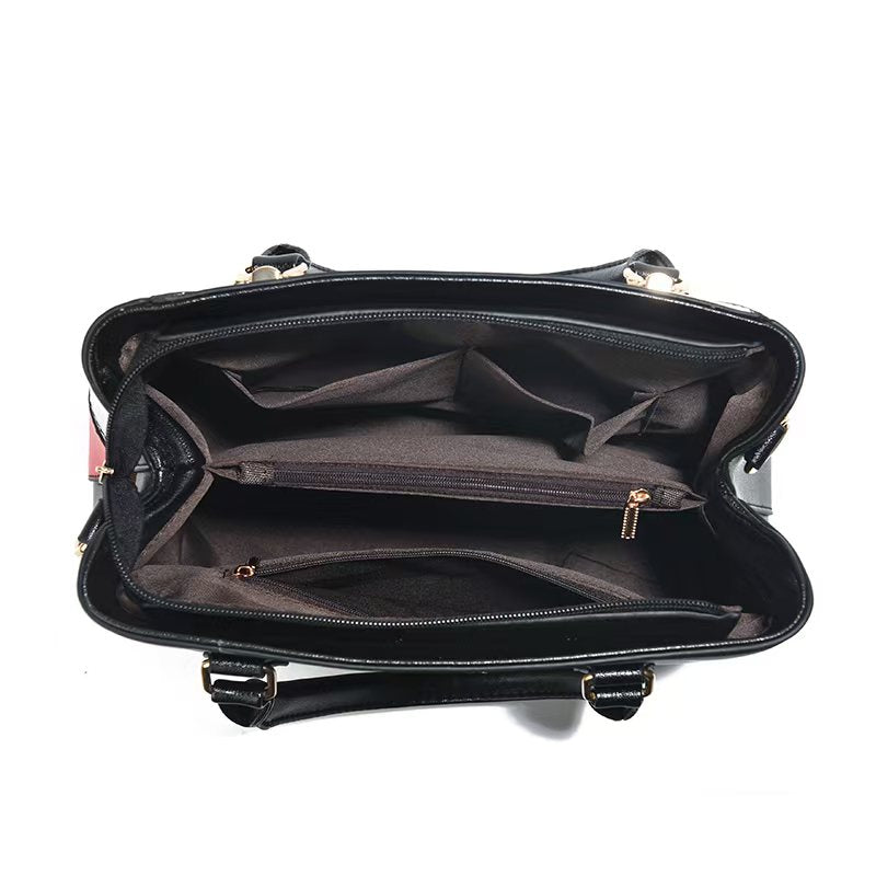 Women's Geometric Color-Block PU Leather Satchel Top-Handle Tote with Detachable Crossbody Strap