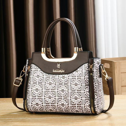 Elegant Retro Monogram Print PU Leather Handbag for Women, Top Handle Satchel with Removable Shoulder Strap, Ideal Gift for Her