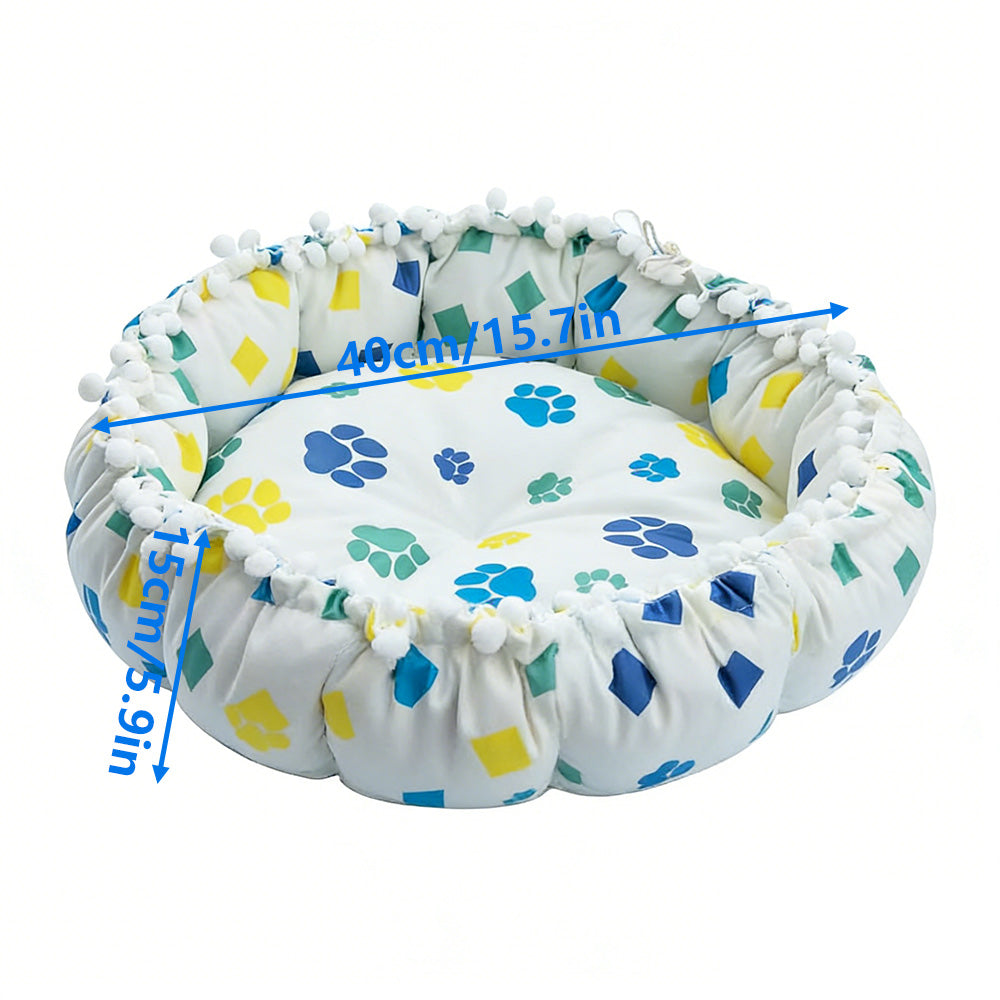 Drawstring Pompom Lace Digital Print Pet Bed