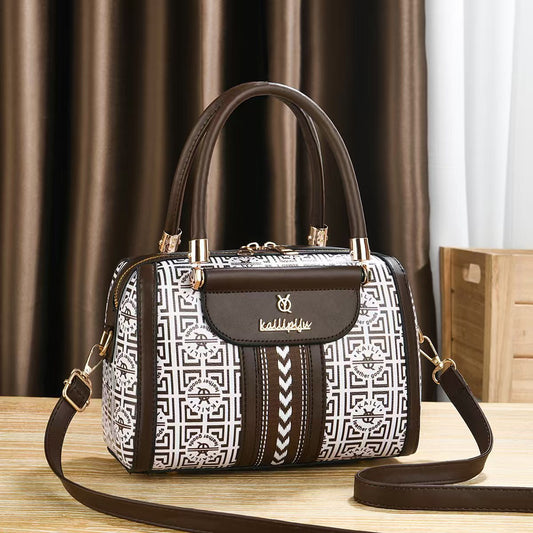 Elegant Retro Monogram Print PU Leather Handbag for Women, Top Handle Satchel with Removable Shoulder Strap, Ideal Gift