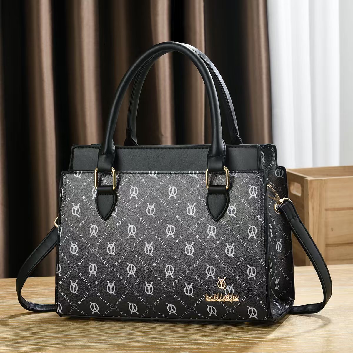 Women Vintage Monogram Print Top Handle Handbag, PU Leather Structured Tote Purse with Removable Shoulder Strap, Multi Pocket Crossbody Bag for Work Daily