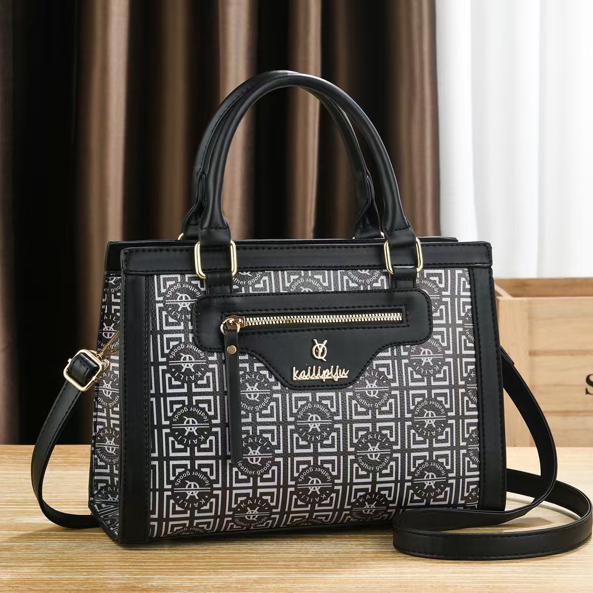 Elegant Retro Monogram Print PU Leather Handbag for Women, Top Handle Satchel with Removable Shoulder Strap, Ideal Gift