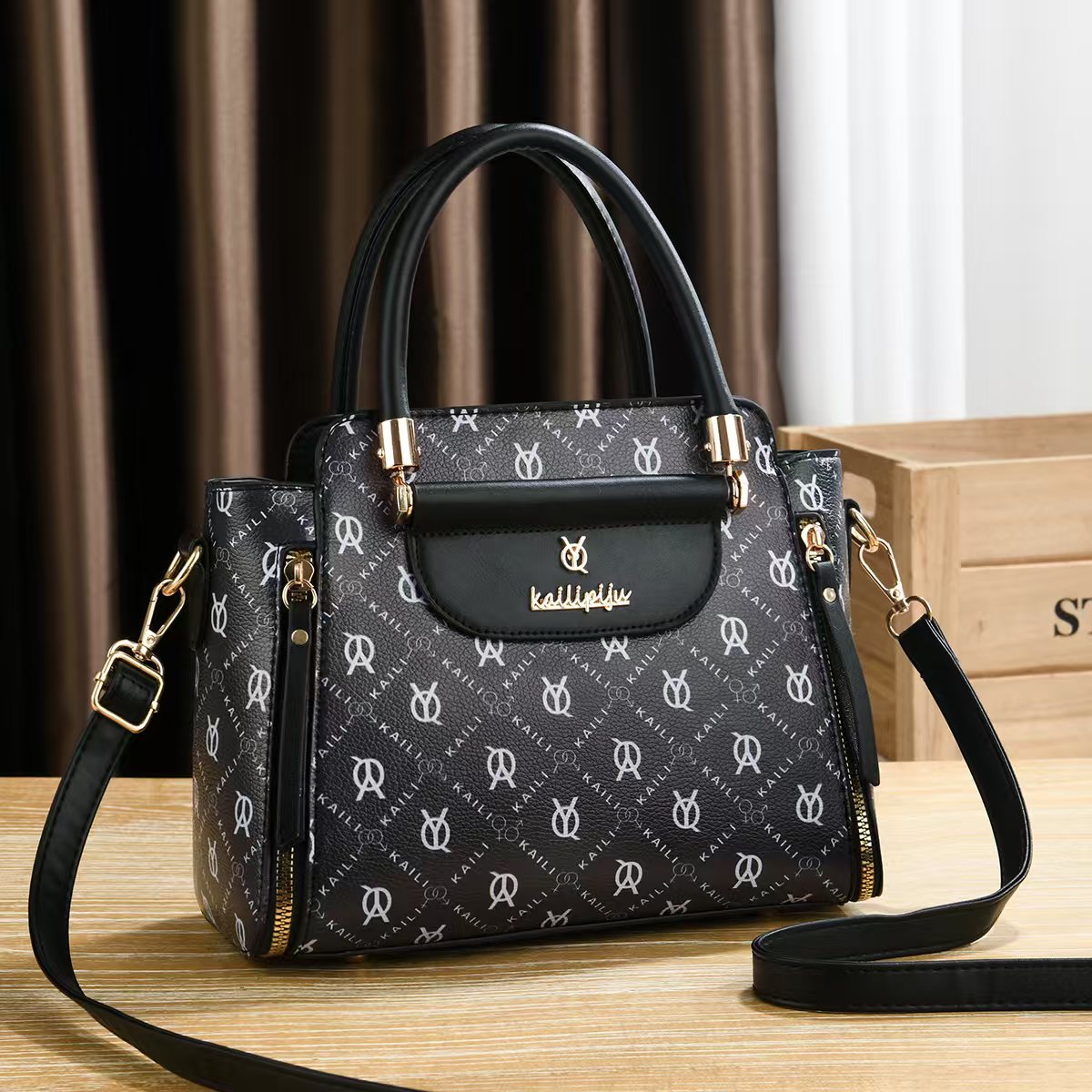 Elegant Retro Monogram Print PU Leather Handbag for Women, Top Handle Satchel with Removable Shoulder Strap, Ideal Gift