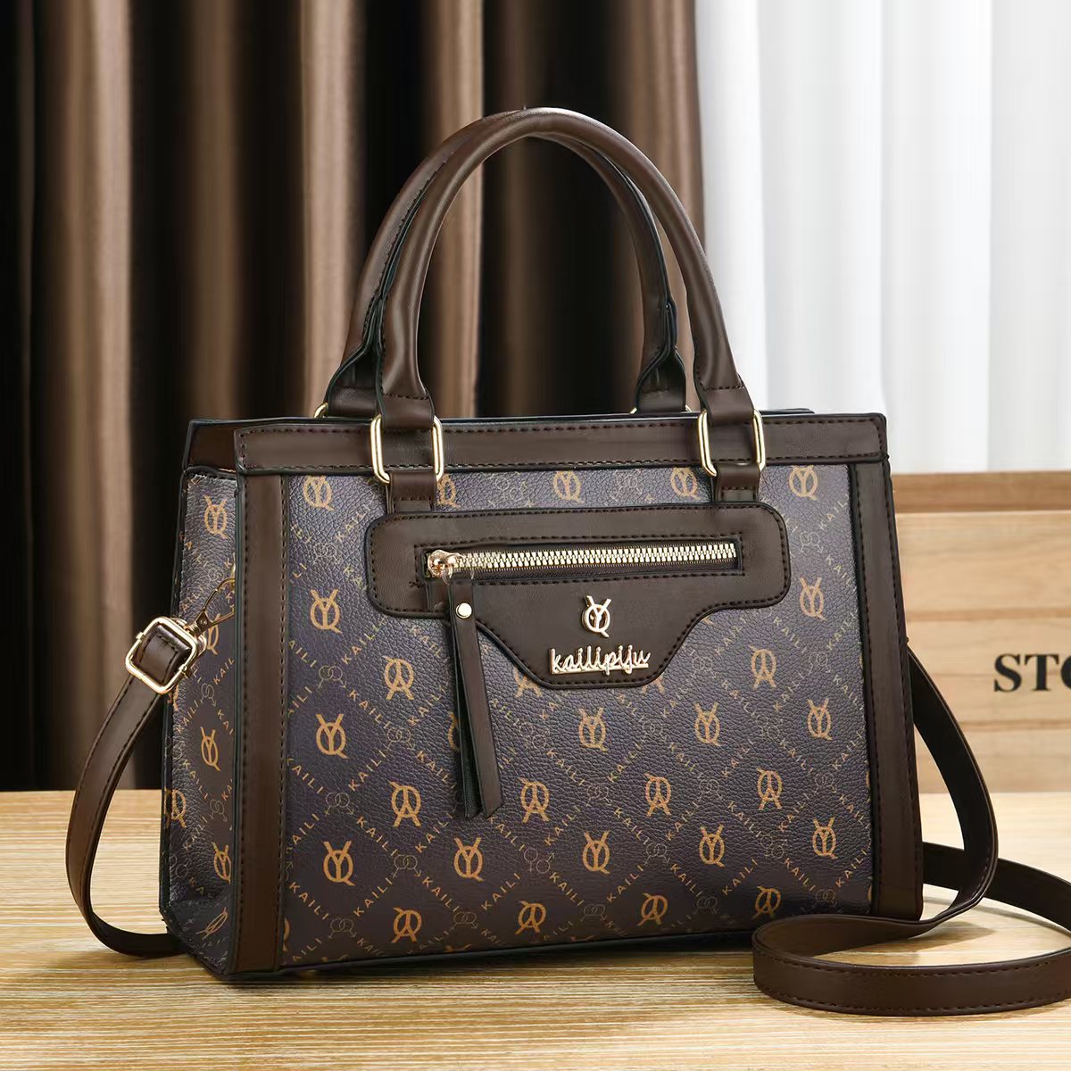 Elegant Retro Monogram Print PU Leather Handbag for Women, Top Handle Satchel with Removable Shoulder Strap, Ideal Gift