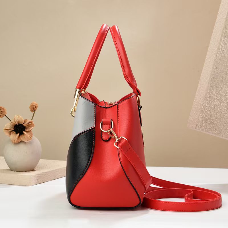 Women's Geometric Color-Block PU Leather Satchel Top Handle Tote with Detachable Crossbody Strap