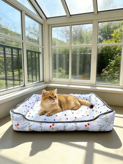 Polka Dot Floral Square Pet Bed, All-Season Soft Dog and Cat Bed