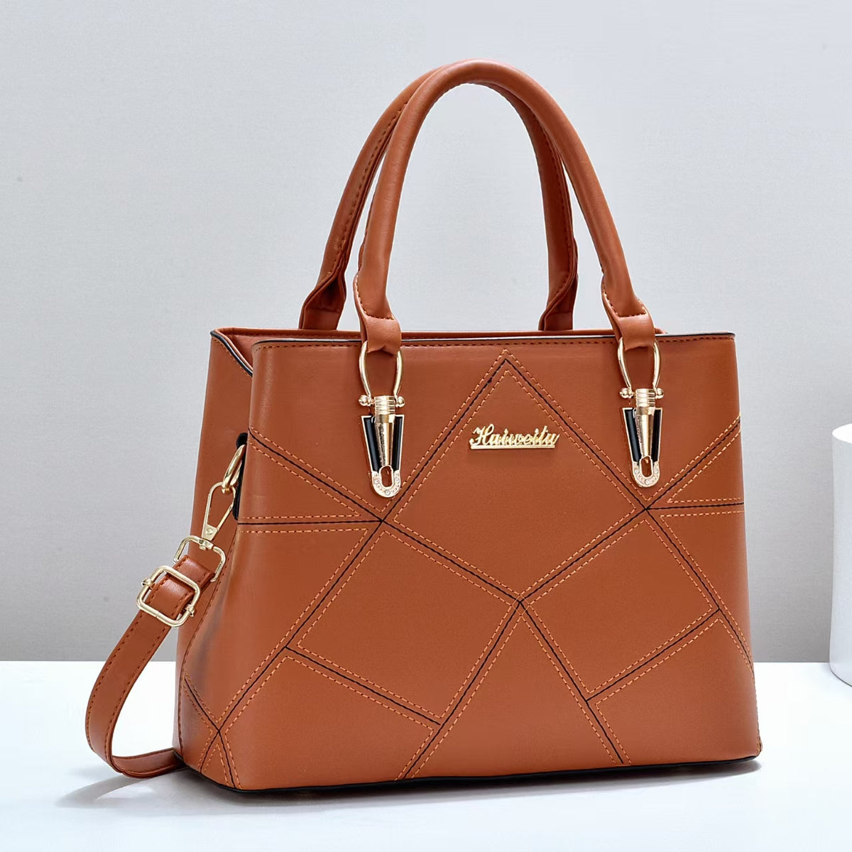 Elegant Ladies Handbags Geometric Patchwork Stitching Satchel Tote Bag Large Capacity Women Shoulder Crossbody Purse With Detachable Shoulder Strap For Office Daily Use