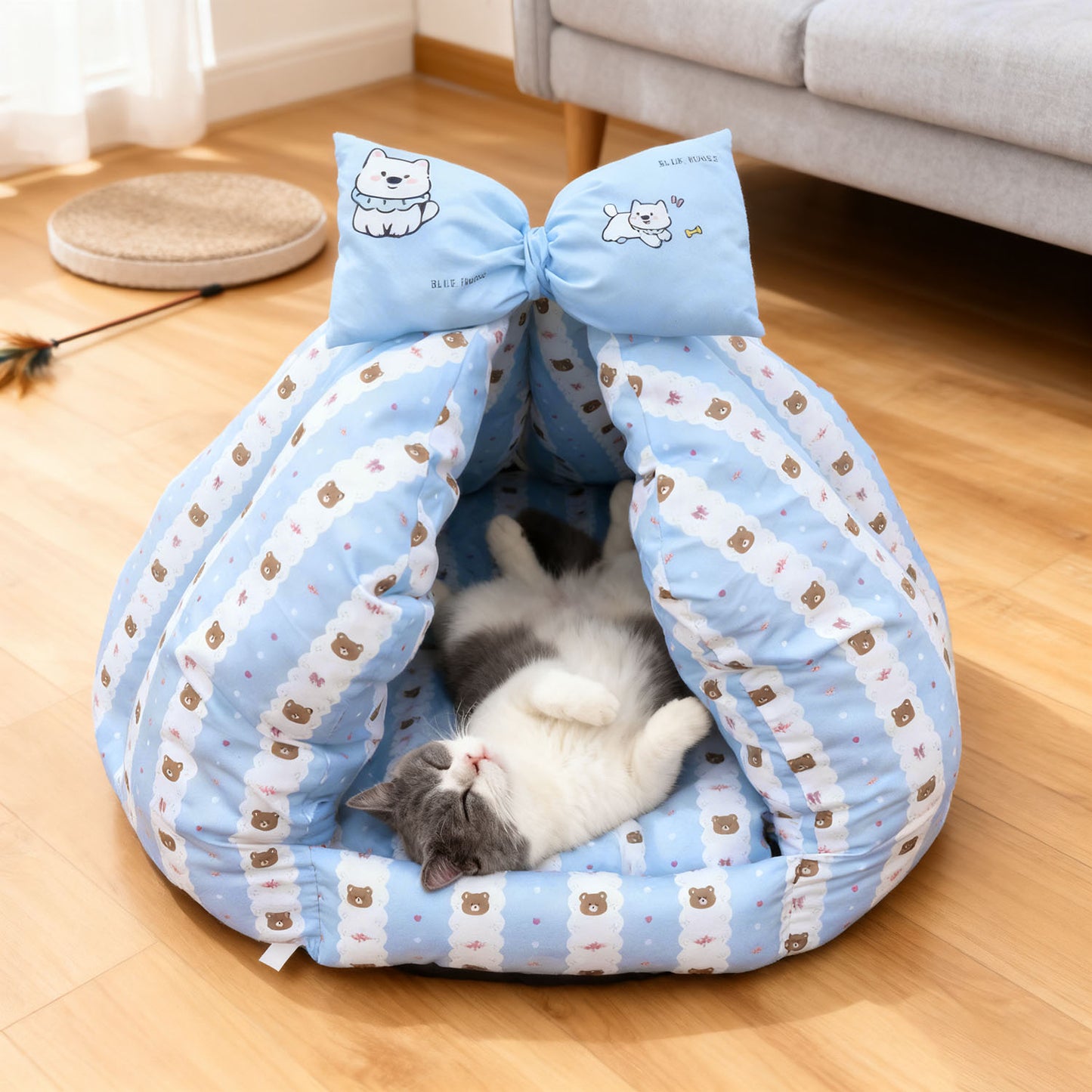 Bowknot Love Digital Print Pet Bed, Enclosed Warm Pet Bed for All Seasons