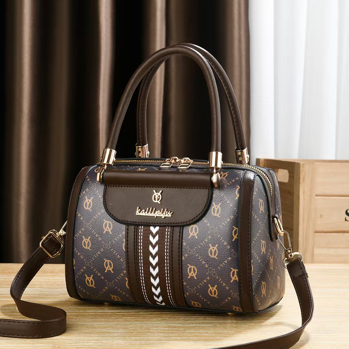Elegant Retro Monogram Print PU Leather Handbag for Women, Top Handle Satchel with Removable Shoulder Strap, Ideal Gift