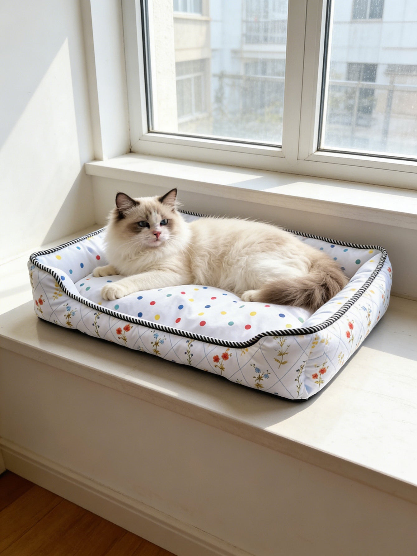 Polka Dot Floral Square Pet Bed, All-Season Soft Dog and Cat Bed