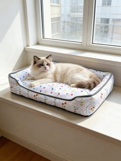 Polka Dot Floral Square Pet Bed, All-Season Soft Dog and Cat Bed