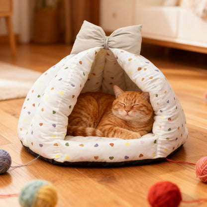 Bowknot Love Digital Print Pet Bed, Enclosed Warm Pet Bed for All Seasons