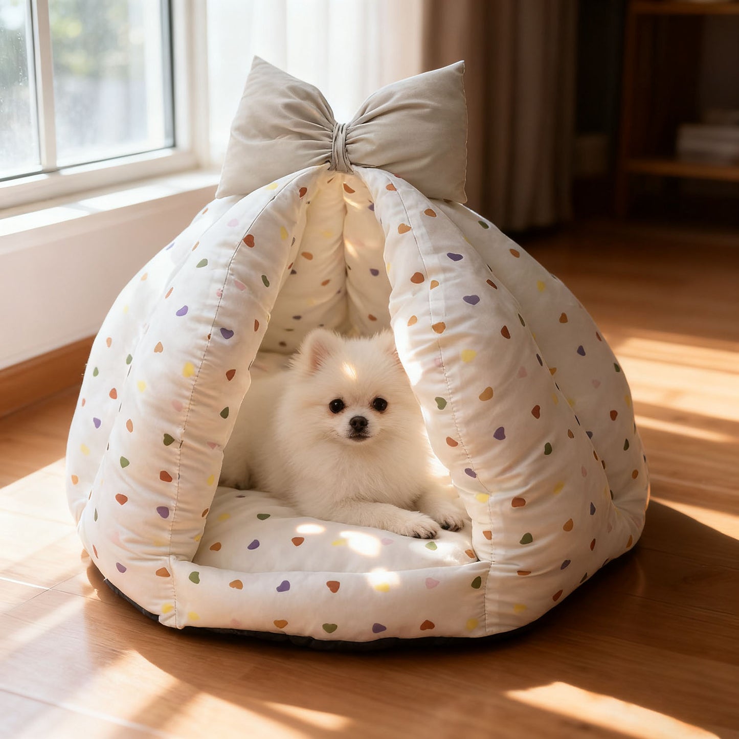 Bowknot Love Digital Print Pet Bed, Enclosed Warm Pet Bed for All Seasons
