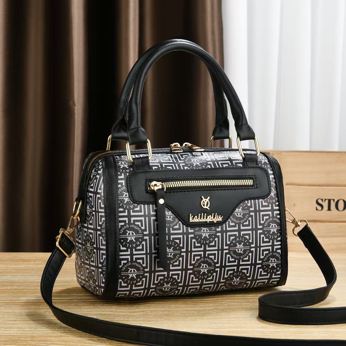Elegant Retro Monogram Print PU Leather Handbag for Women, Top Handle Satchel with Removable Shoulder Strap, Ideal Gift