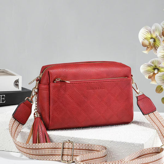 Women Diamond Embossed PU Leather Crossbody Bag, Casual Sling Purse with Wide Striped Shoulder Strap & Tassel Decoration, Multi Pocket Shoulder Handbag, 7 Colors Available for All Seasons