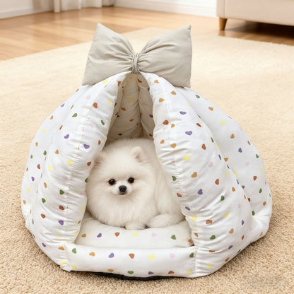 Bowknot Love Digital Print Pet Bed, Enclosed Warm Pet Bed for All Seasons
