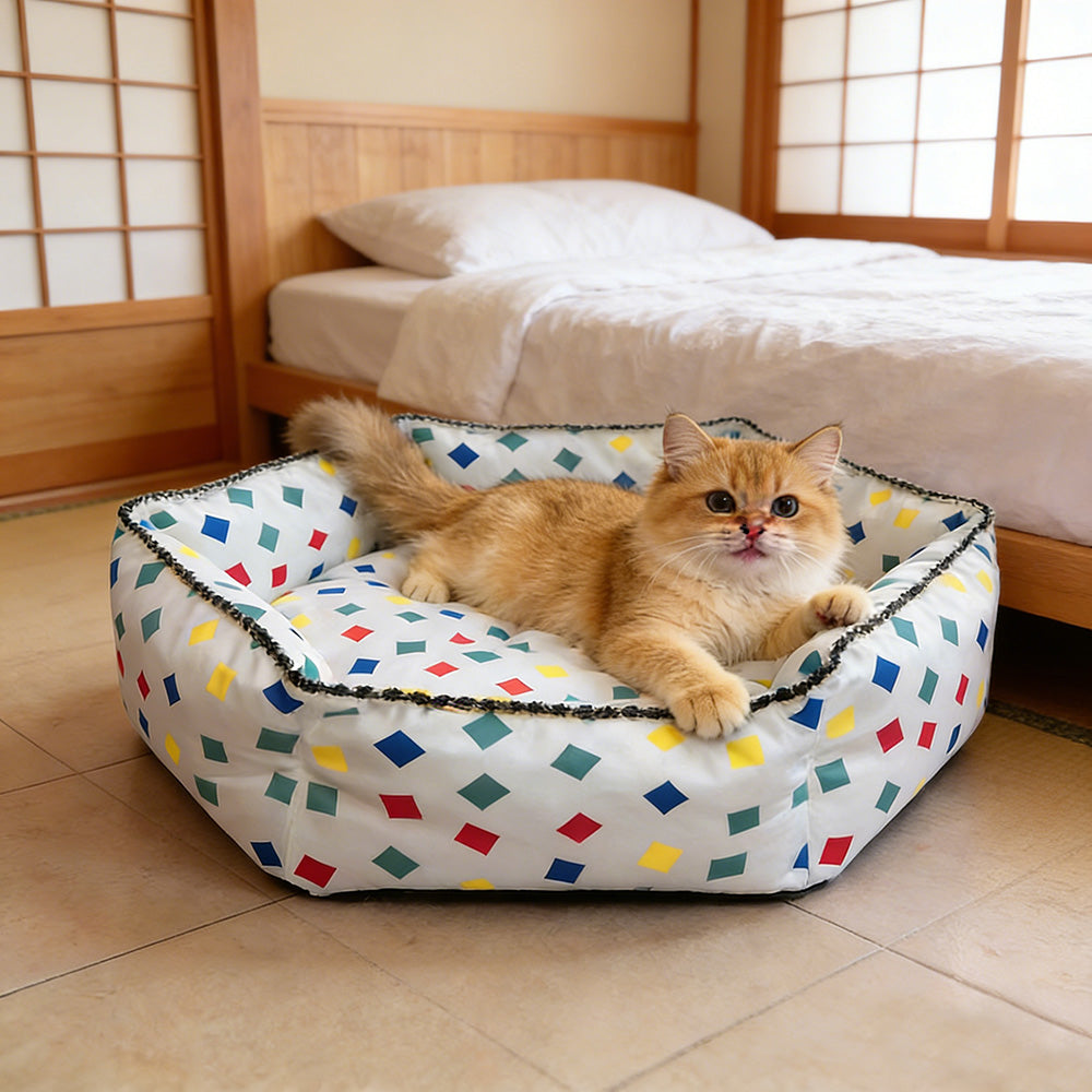 Colorful Block Print Hexagonal Pet Bed, All-Season High-Security Cat and Dog Bed