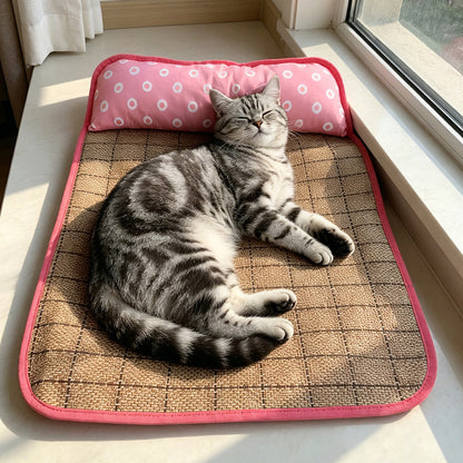 Cooling Pet Mat with Pillow, Rattan Mat for Cats and Dogs