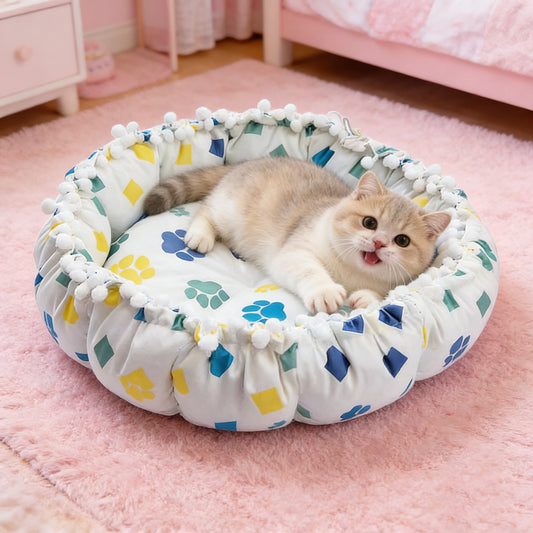 Drawstring Pompom Lace Digital Print Pet Bed