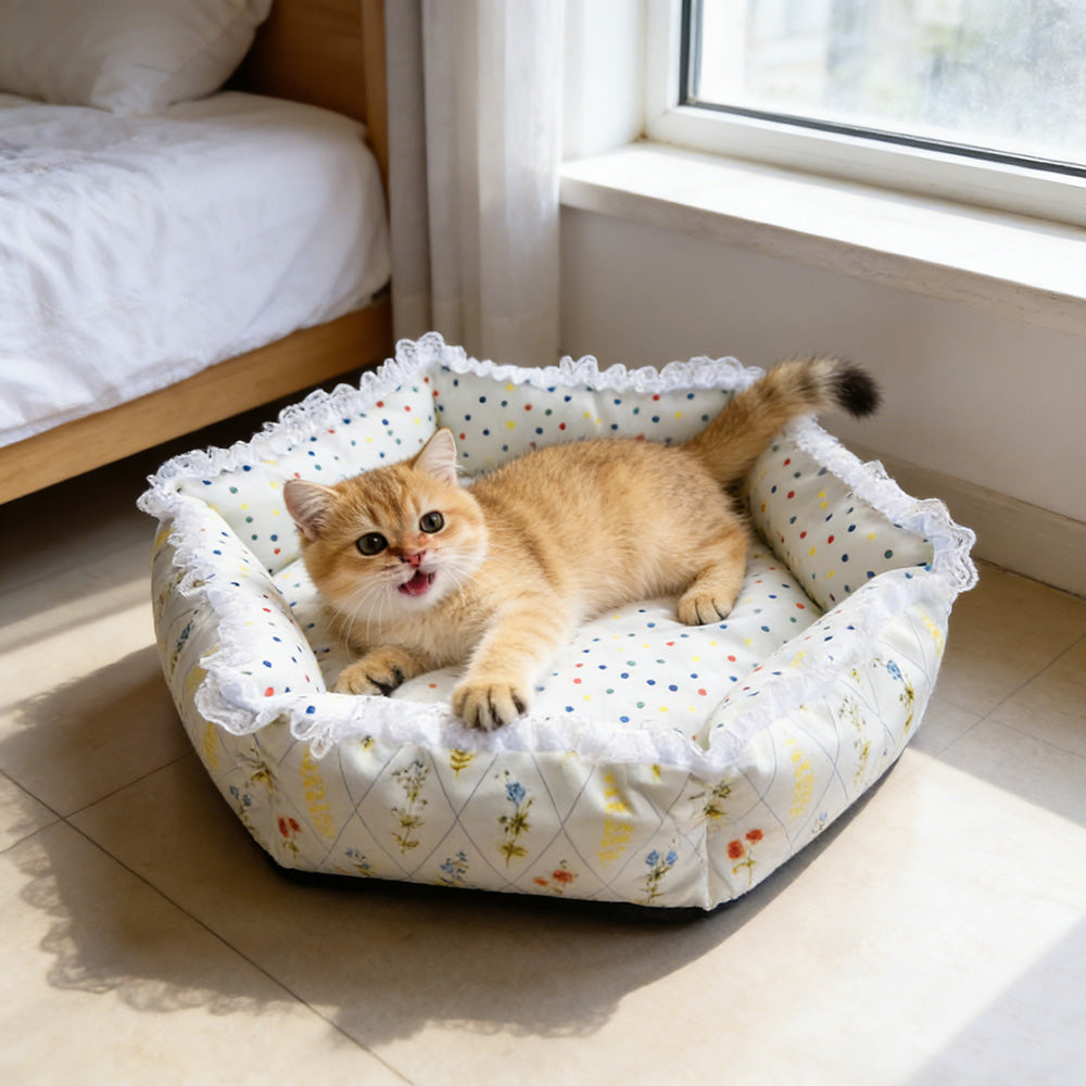 Floral digital print hexagonal pet bed, all-season high-security cat and dog bed