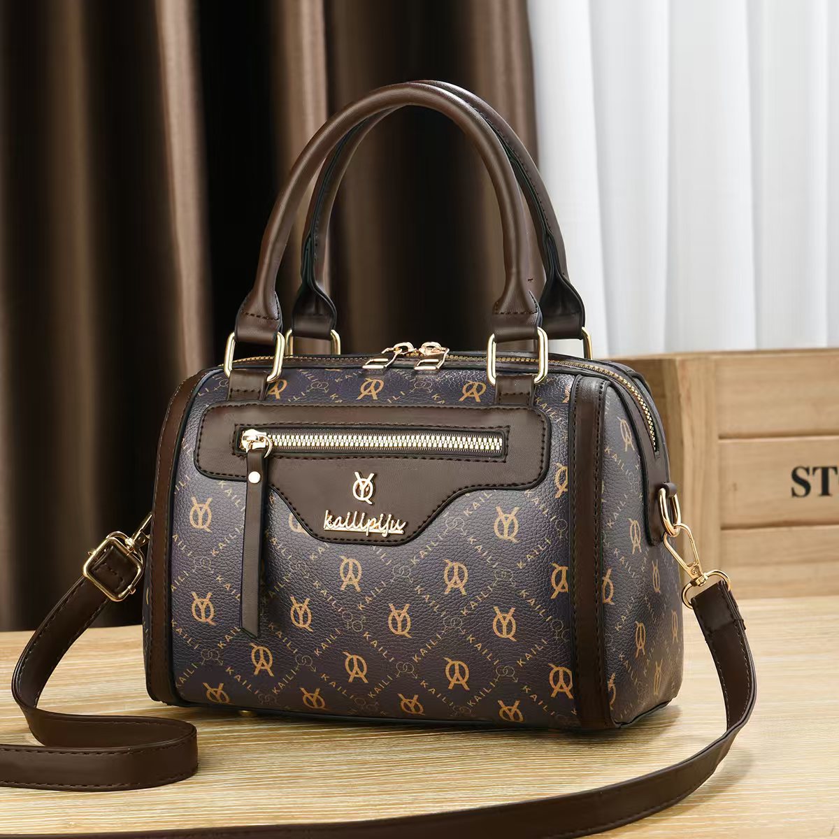 Elegant Retro Monogram Print PU Leather Handbag for Women, Top Handle Satchel with Removable Shoulder Strap, Ideal Gift
