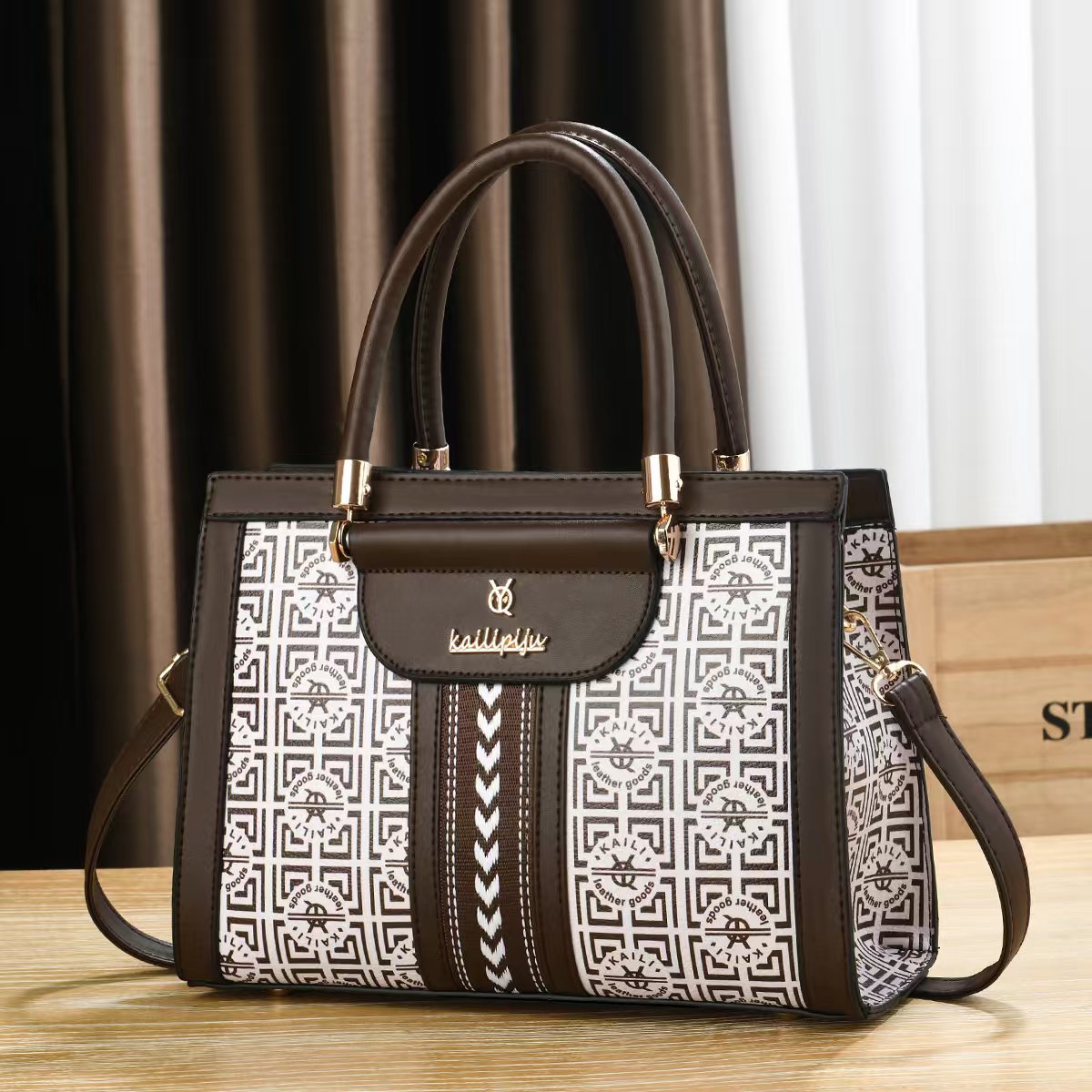 Elegant Retro Monogram Print PU Leather Handbag for Women, Top Handle Satchel with Removable Shoulder Strap, Ideal Gift