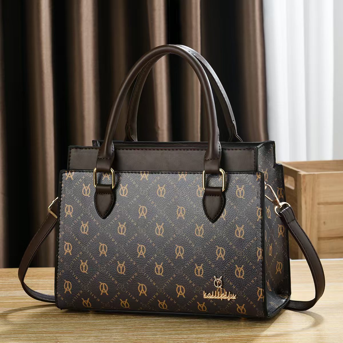 Women Vintage Monogram Print Top Handle Handbag, PU Leather Structured Tote Purse with Removable Shoulder Strap, Multi Pocket Crossbody Bag for Work Daily