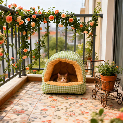 Plaid Enclosed Cat Bed, Thickened Warm Tunnel Cat Bed for Autumn and Winter