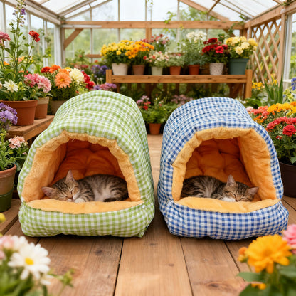 Plaid Enclosed Cat Bed, Thickened Warm Tunnel Cat Bed for Autumn and Winter