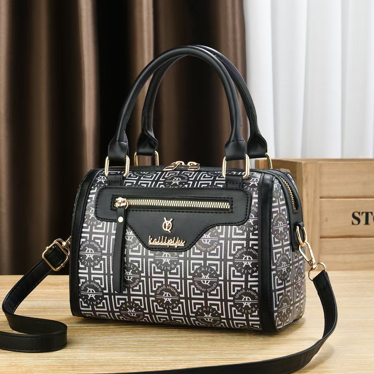 Elegant Retro Monogram Print PU Leather Handbag for Women, Top Handle Satchel with Removable Shoulder Strap, Ideal Gift