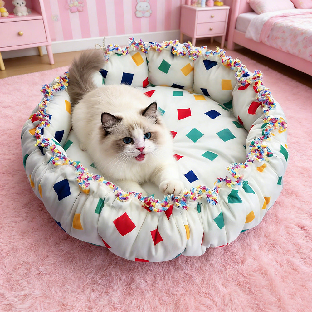 Colorful Block Print Drawstring Round Pet Nest, Rainbow Fringed Dual-Use Pet Bed