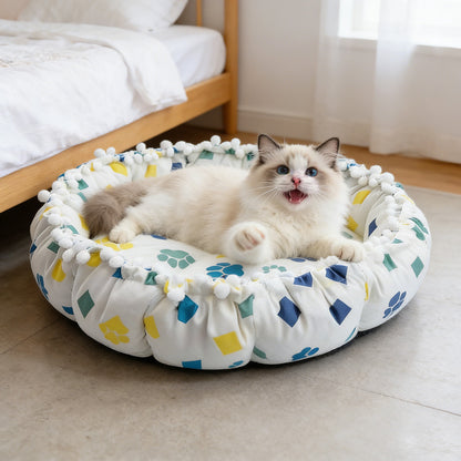 Drawstring Pompom Lace Digital Print Pet Bed