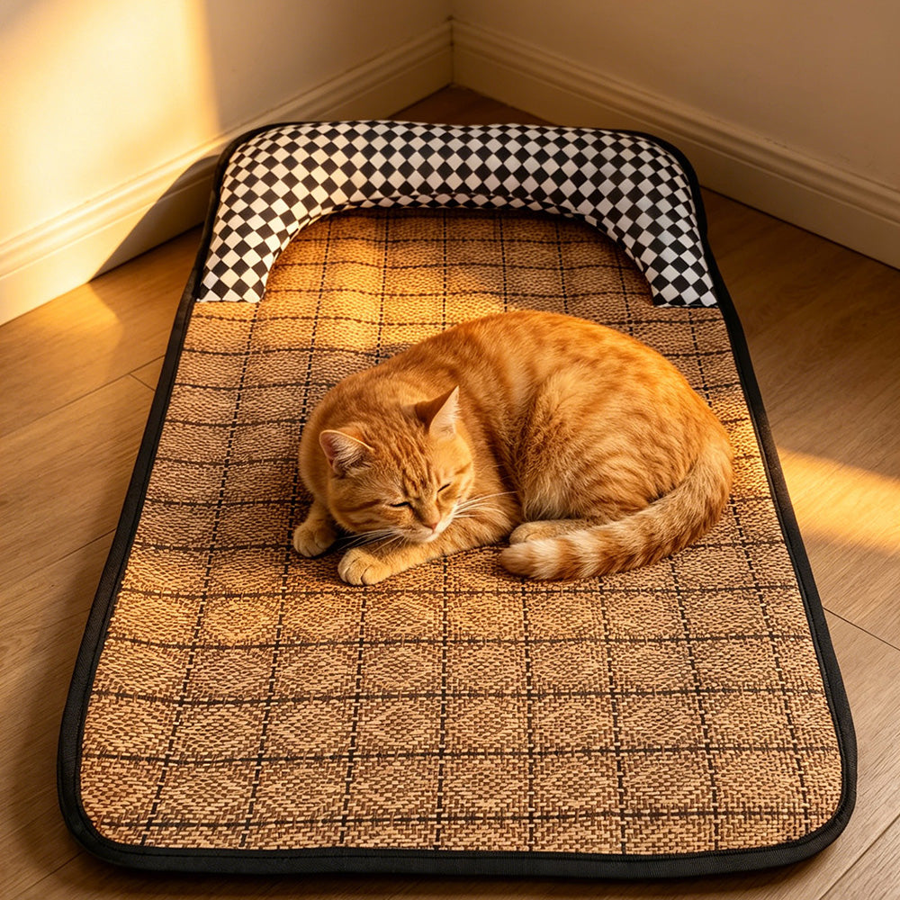 This checkerboard summer cat bed is so comfy for lying flat!