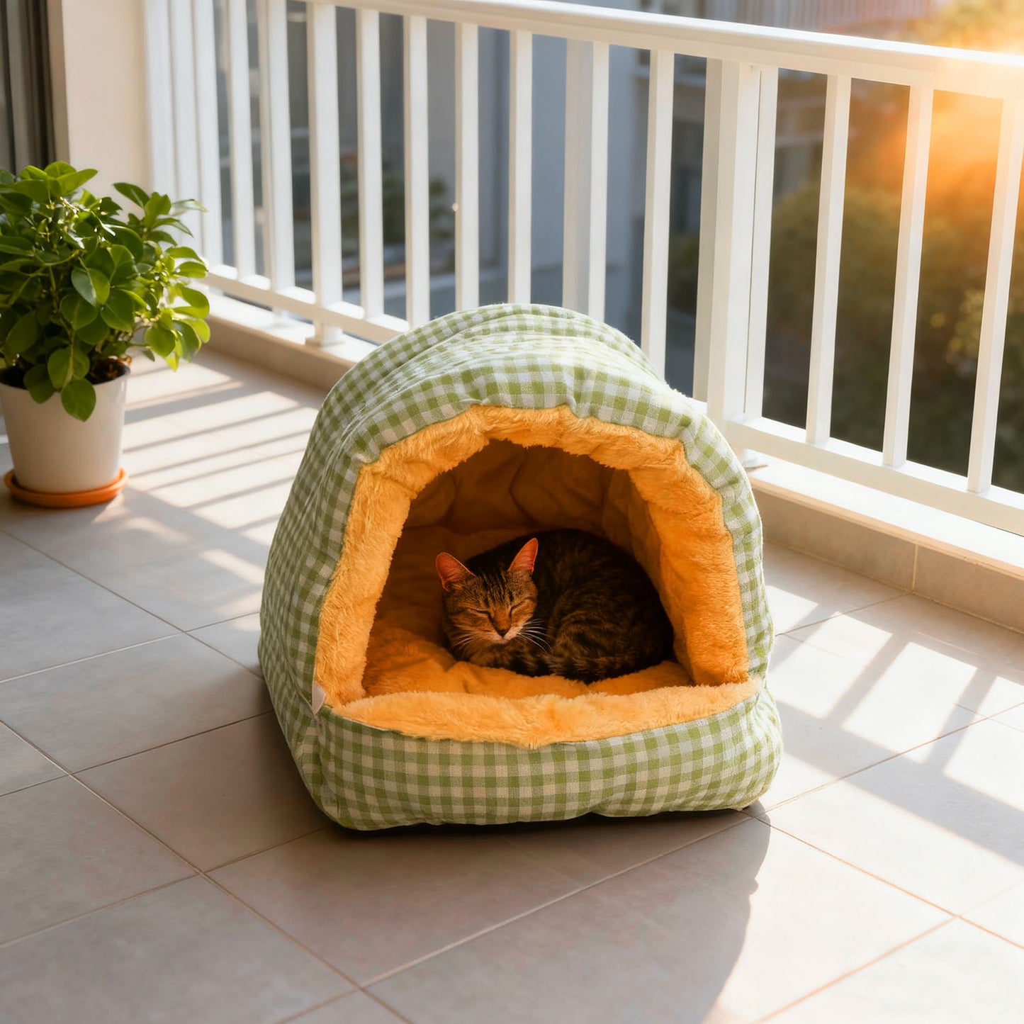 Plaid Enclosed Cat Bed, Thickened Warm Tunnel Cat Bed for Autumn and Winter