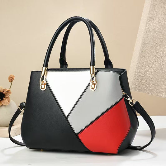 Women's Geometric Color-Block PU Leather Satchel Top Handle Tote with Detachable Crossbody Strap