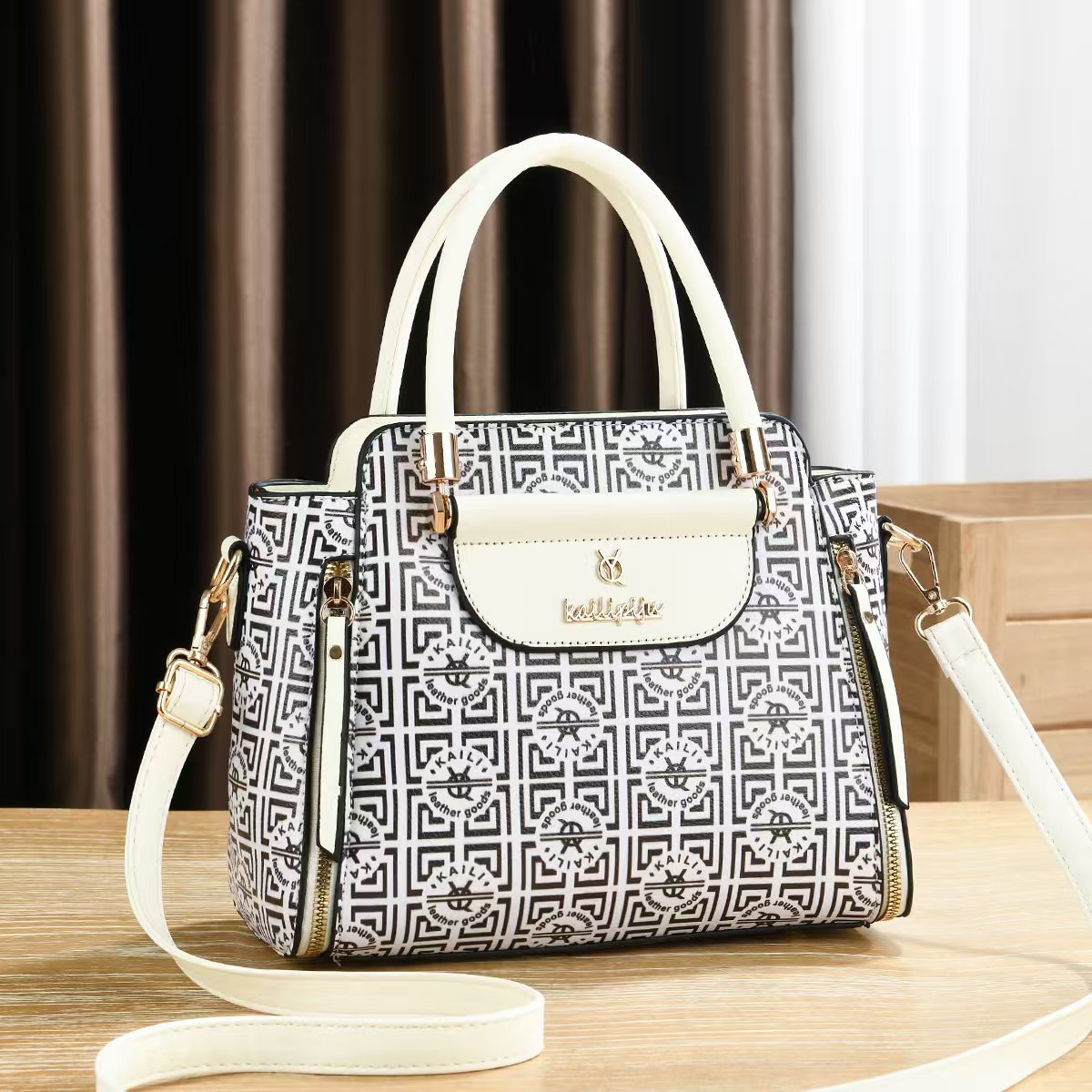 Elegant Retro Monogram Print PU Leather Handbag for Women, Top Handle Satchel with Removable Shoulder Strap, Ideal Gift