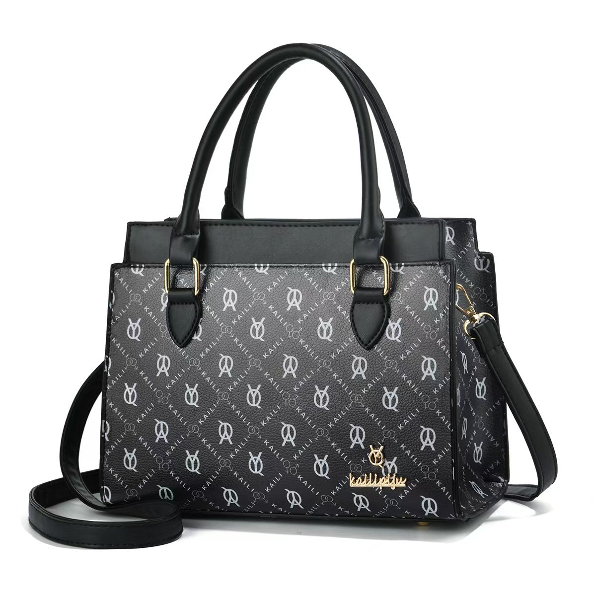 Women Vintage Monogram Print Top Handle Handbag, PU Leather Structured Tote Purse with Removable Shoulder Strap, Multi Pocket Crossbody Bag for Work Daily