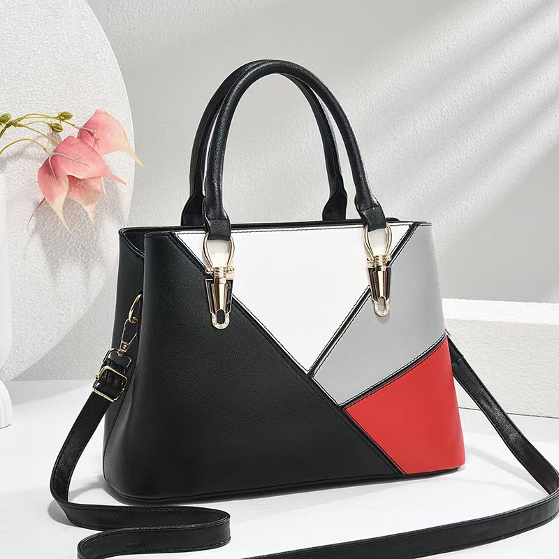 Women's Geometric Color-Block PU Leather Satchel Top-Handle Tote with Detachable Crossbody Strap