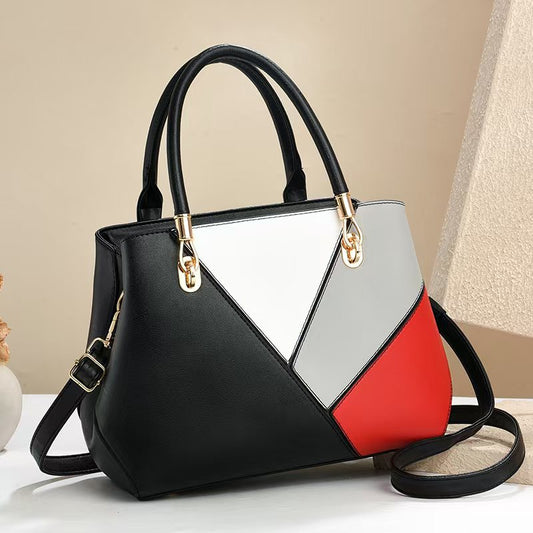 Women's Geometric Color-Block PU Leather Satchel Top Handle Tote with Detachable Crossbody Strap
