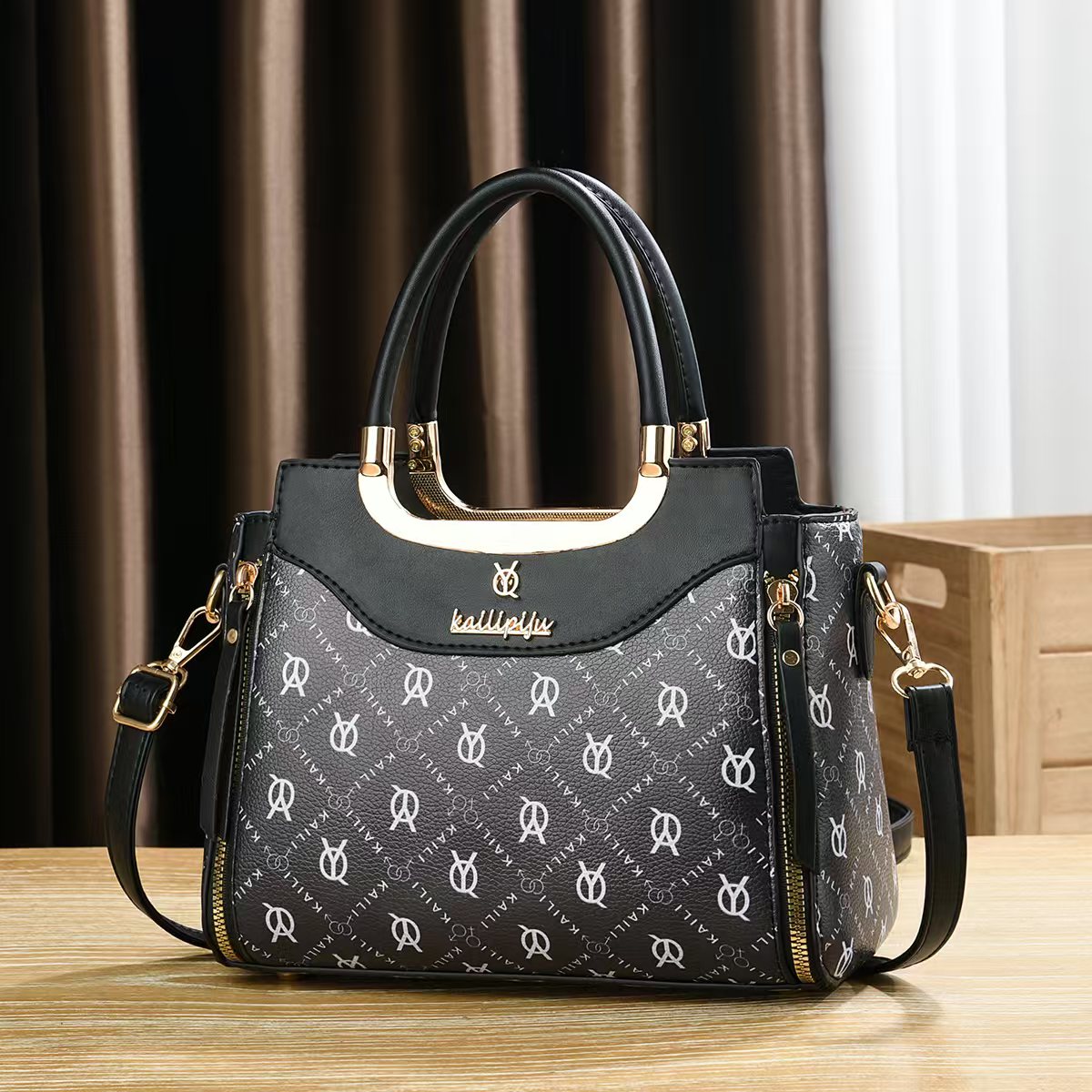 Elegant Retro Monogram Print PU Leather Handbag for Women, Top Handle Satchel with Removable Shoulder Strap, Ideal Gift for Her