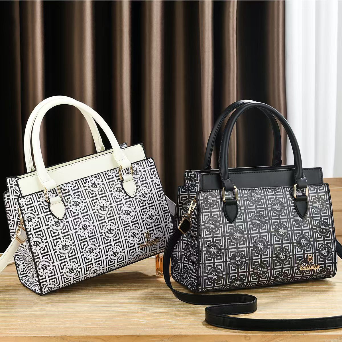 Women Vintage Monogram Print Top Handle Handbag, PU Leather Structured Tote Purse with Removable Shoulder Strap, Multi Pocket Crossbody Bag for Work Daily