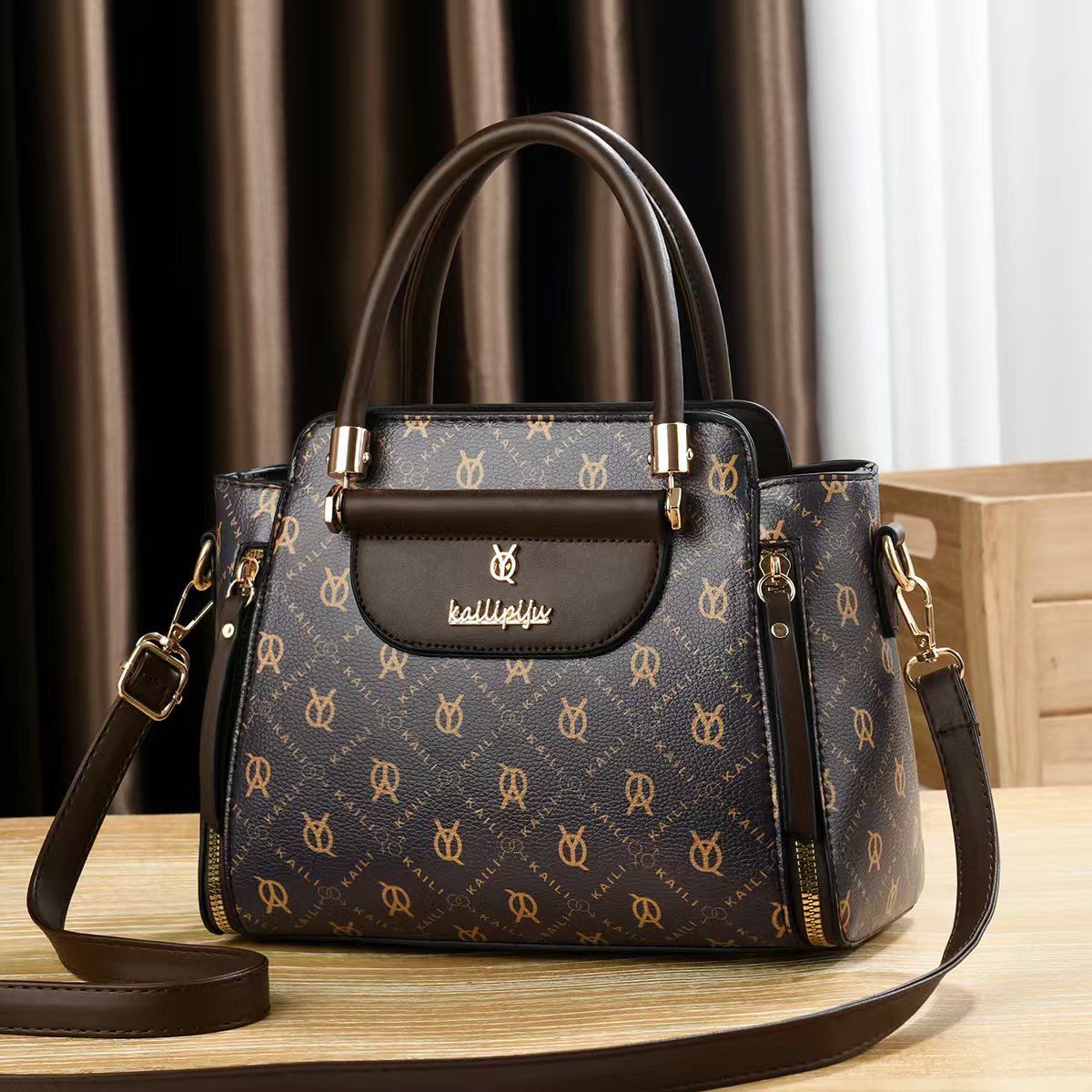 Elegant Retro Monogram Print PU Leather Handbag for Women, Top Handle Satchel with Removable Shoulder Strap, Ideal Gift