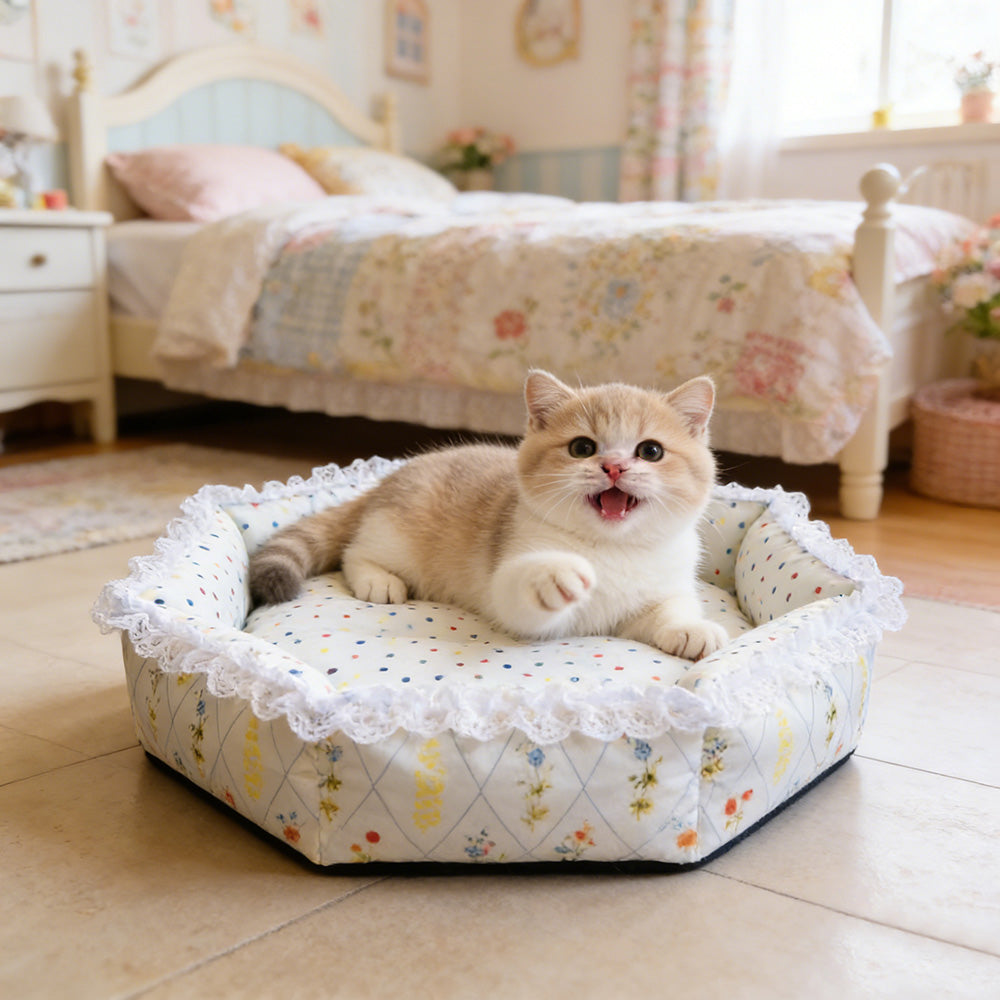 Floral digital print hexagonal pet bed, all-season high-security cat and dog bed