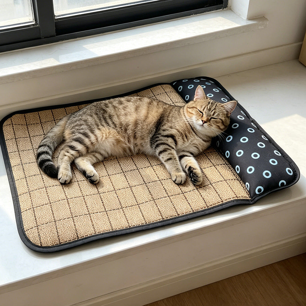 Cooling Pet Mat with Pillow, Rattan Mat for Cats and Dogs