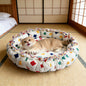Colorful Block Print Drawstring Round Pet Nest, Rainbow Fringed Dual-Use Pet Bed