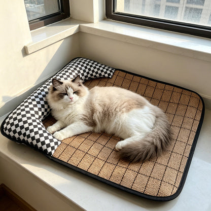 This checkerboard summer cat bed is so comfy for lying flat!