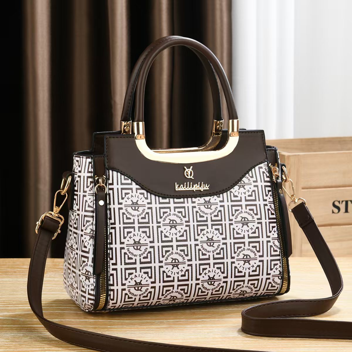 Elegant Retro Monogram Print PU Leather Handbag for Women, Top Handle Satchel with Removable Shoulder Strap, Ideal Gift for Her